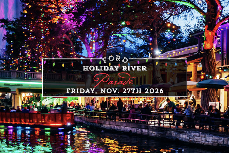 Promotional banner for Ford Holiday River Parade at night along a lit riverfront, showing colorful lights and crowds, with the date Friday, Nov. 27th, 2026.
