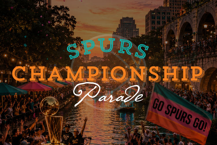 Parade celebrating Spurs championship along a riverfront with a trophy float, confetti, and banners reading Go Spurs Go.