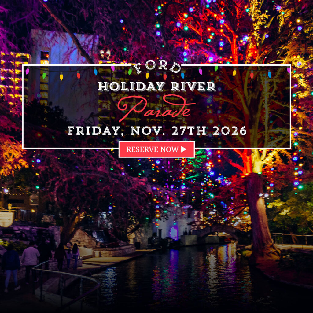 Promotional image for Ford Holiday River Parade on Friday, Nov. 27, 2026, with colorful night lights along a river and a red Reserve Now button.