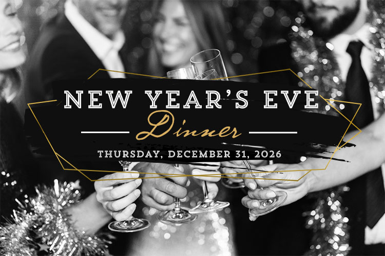 Black-and-white photo of friends in formal wear clinking champagne glasses; overlay reads 'New Year’s Eve Dinner' with the date Thursday, December 31, 2026.