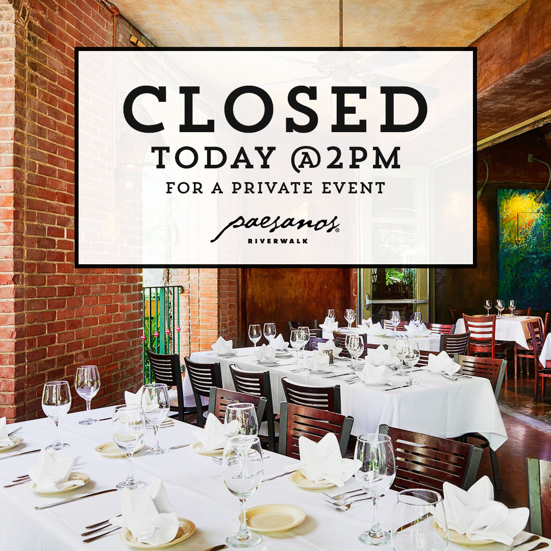 Restaurant dining area with a large sign: CLOSED TODAY AT 2PM FOR A PRIVATE EVENT (Searun Riverwalk).